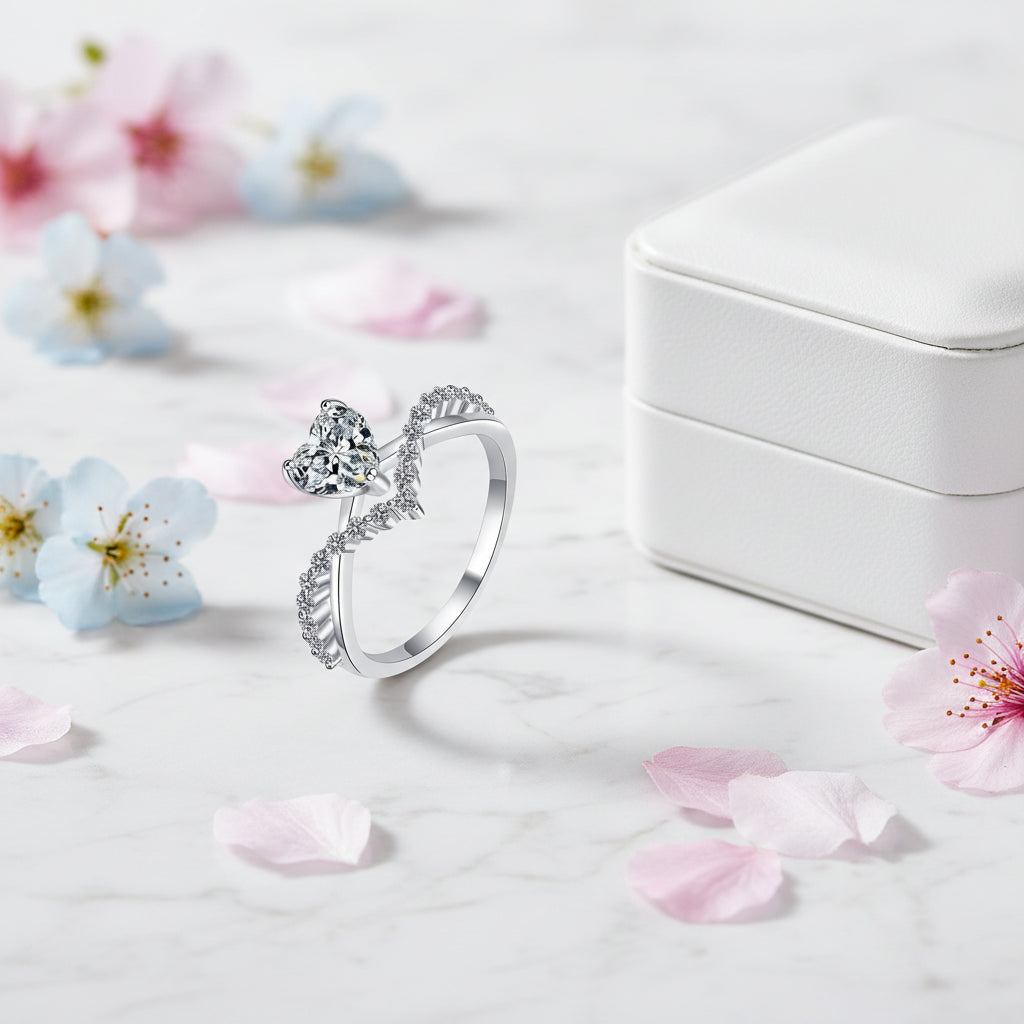 Italian Diamond Heart Design 1 Carat Moissanite Diamond Ring set in Platinum Plated 925 Silver (GRA)