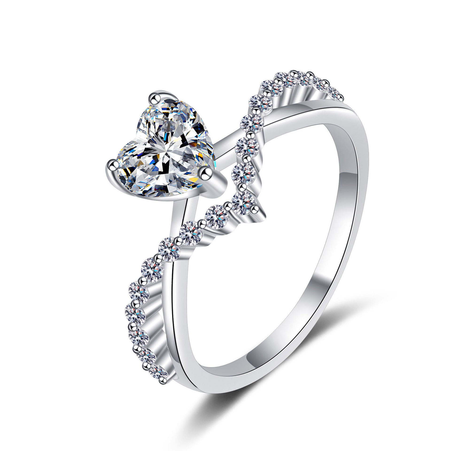 Italian Diamond Heart Design 1 Carat Moissanite Diamond Ring set in Platinum Plated 925 Silver (GRA)