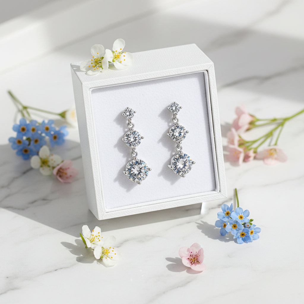 Three Tier Italian Inspired 3.2 Carat Moissanite Earrings set in Platinum plated 925 Silver (GRA) Capella Reya pic 2