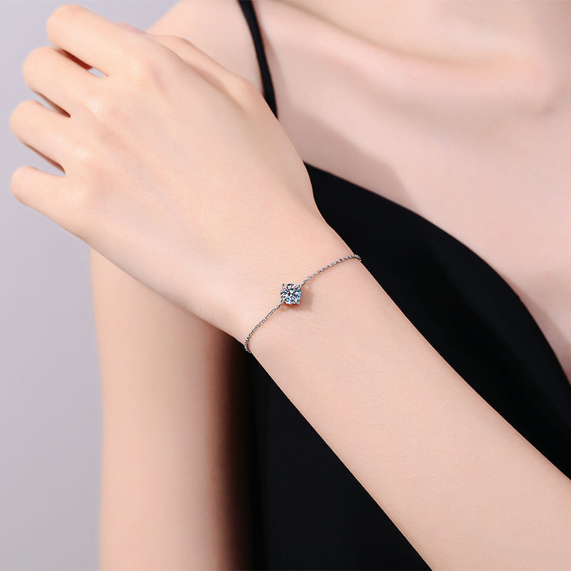 Classic Four-Claw 1 Carat Moissanite Diamond Bracelet set in Platinum Plated 925 Silver (GRA)