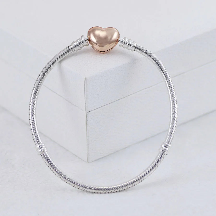 European Heart Buckle Snake Bone Bangle Bracelet set in 18K white Gold Plated 925 Sterling Silver Capella Jewellery
