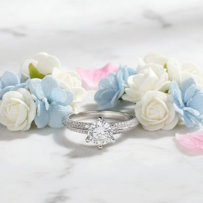 French Hearts & Arrows Pavé Solitaire 1 Carat Moissanite Ring set in Platinum Plated 925 Silver (GRA) Capella Jewellery
