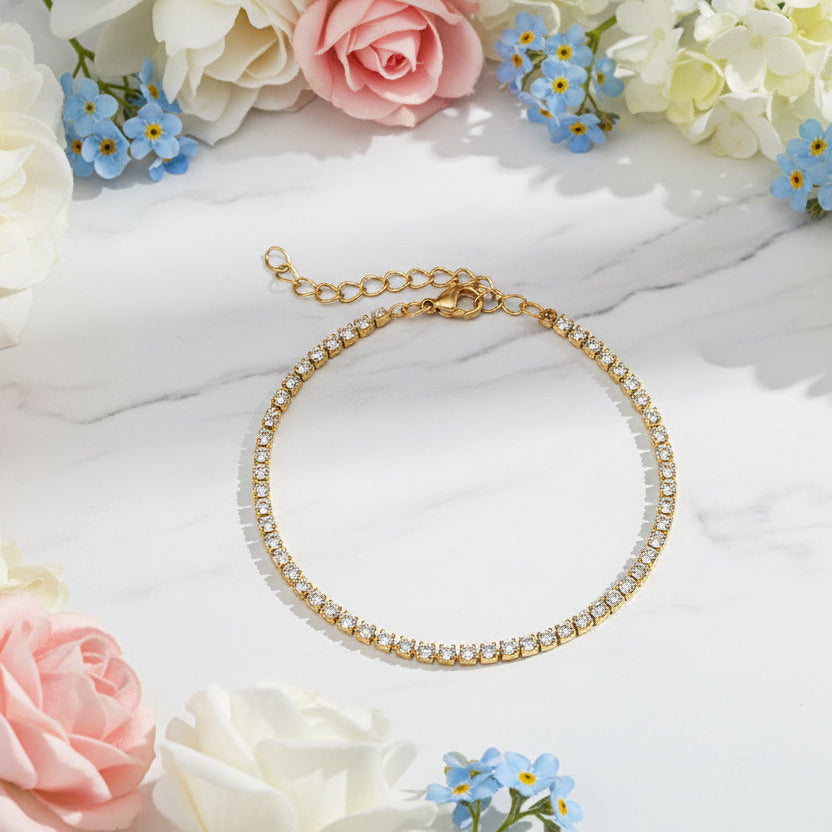 Classic Pave Inlay Full (3mm) Natural Zircon Crystal Tennis Bracelet Set in 18K Gold Plating