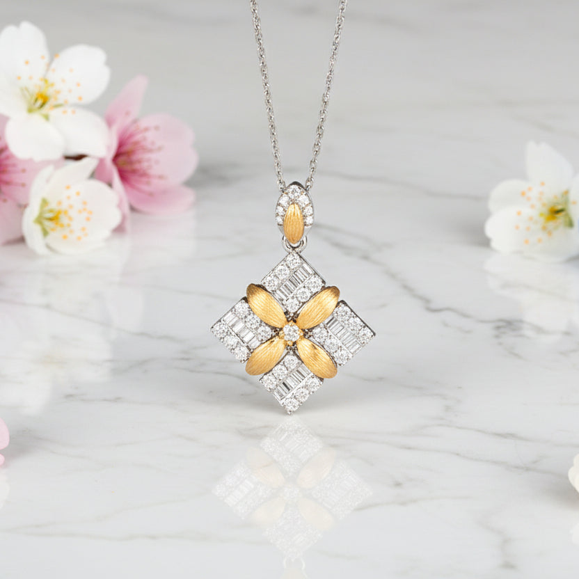 Japanese Inspired 32 Micro Inlaid Moissanite Diamonds Pendant set in 925 Sterling Silver (GRA)