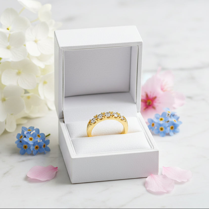 French Seven Stars Pavé 0.7 Carat Moissanite Diamond Ring set in 18K Gold Plated 925 Silver