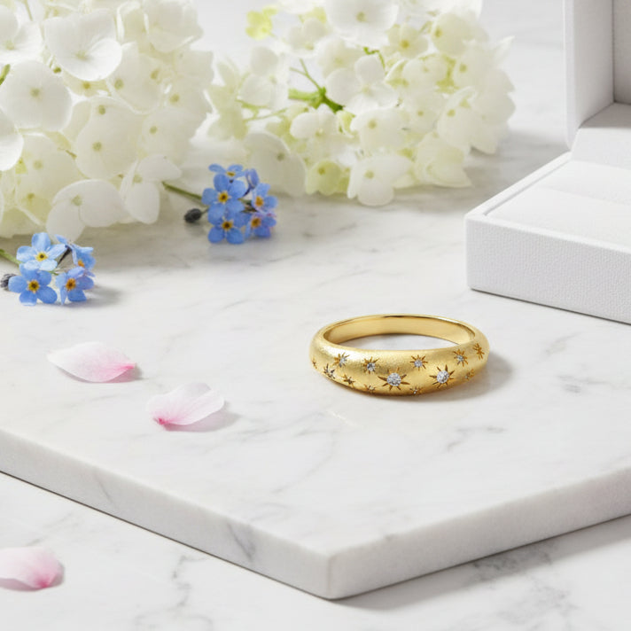 European Starlit Sky Micro Inlaid Natural Zircon Gemstone Ring set in 18K Gold Plated 925 Silver
