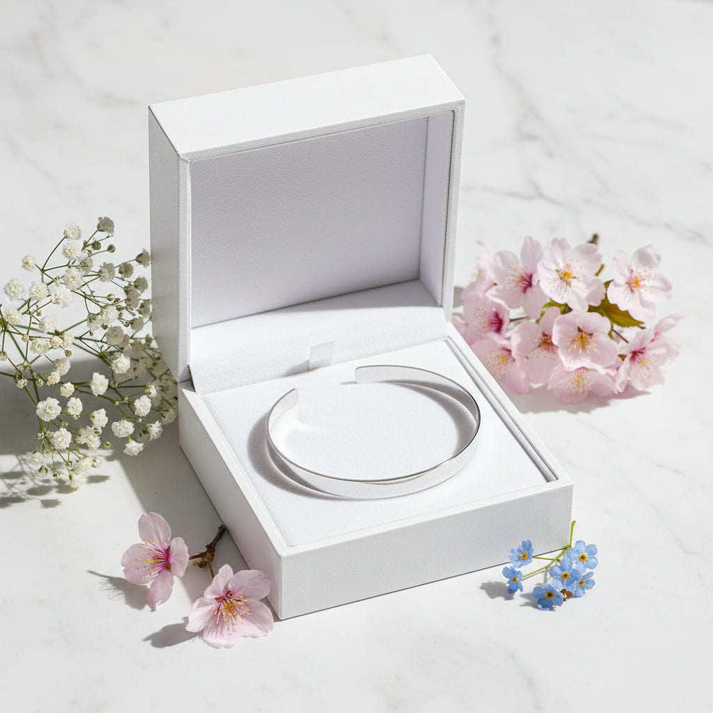 Pure Silver Wide Face Bangle set in 18K White Gold Plated Premium S925 Sterling Silver