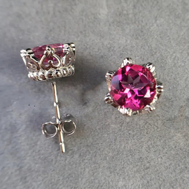 Pink Royal Crown 6mm Topaz Gemstone Earrings set in 18K White Gold Plated 925 Sterling Silver Capella Jewellery
