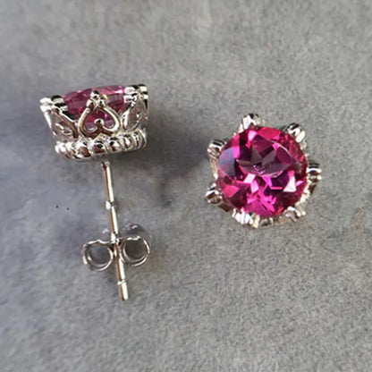 Pink Royal Crown 6mm Topaz Gemstone Earrings set in 18K White Gold Plated 925 Sterling Silver Capella Jewellery