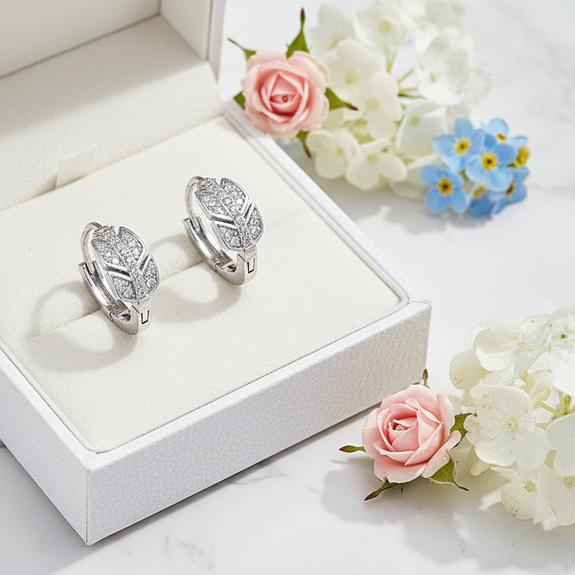 Modern Leaf Inspired Micro Moissanite Diamond Earrings set in 18K White Gold 925 Silver