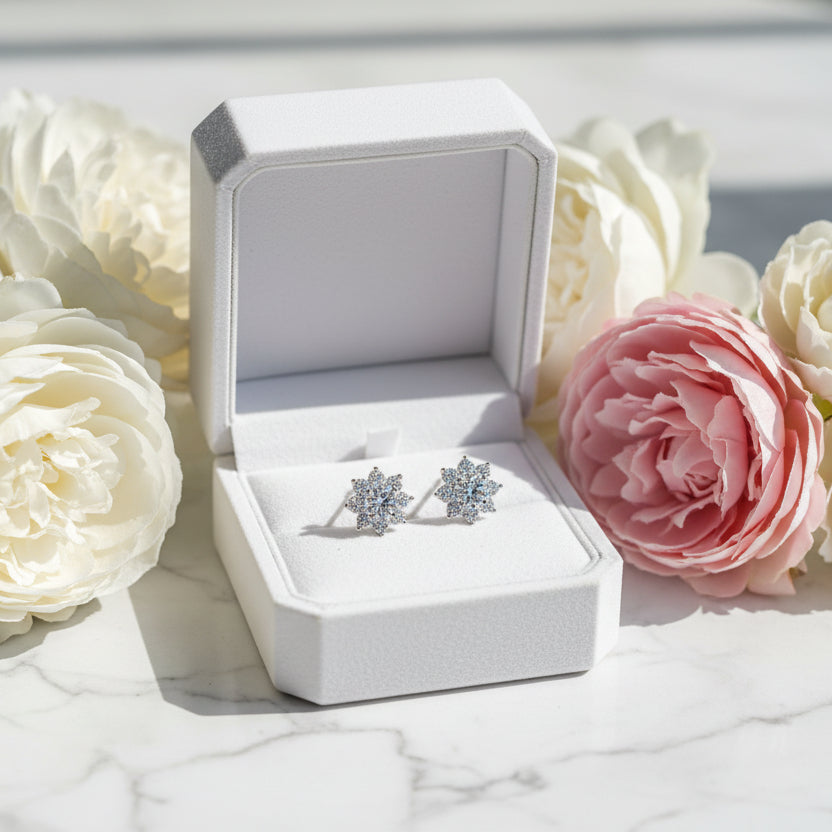 Beijing Snowflake 2 Carat Moissanite Diamond Earrings set in Platinum Plated 925 Silver (GRA)