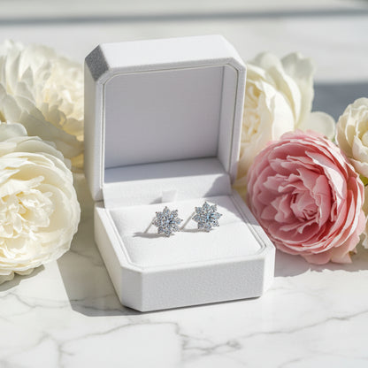 Beijing Inspired Snowflake 2 Carat Moissanite Earrings set in Platinum Plated 925 Silver (GRA) Capella Reya in a box