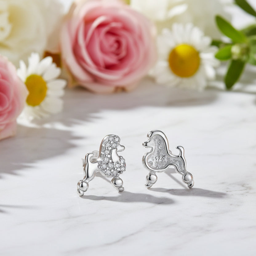 French Mini Poodle Design Micro Natural Zircon Gemstone Earrings set in Platinum 925 Silver