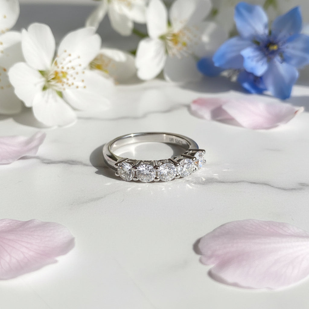 Eternity Five Row 1.5 Carat Moissanite Diamond Ring set in 18K White Gold Plated 925 Silver (GRA)