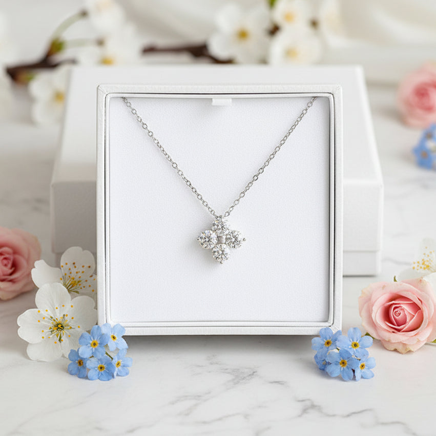 Four-Leaf Clover 2 Ct Moissanite Diamond Pendent set in 18K White Gold Plated 925 Silver (GRA)