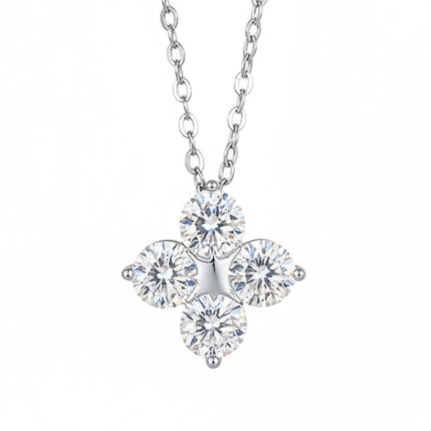 Four-Leaf Clover 2 Ct Moissanite Diamond Pendent set in 18K White Gold Plated 925 Silver (GRA)