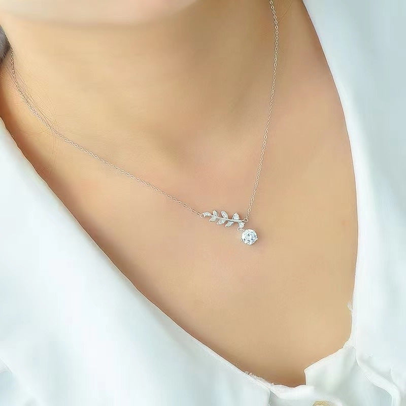 Italian Olive Branch 1 Carat Moissanite Diamond Necklace set in Platinum Plated 925 Silver (GRA)