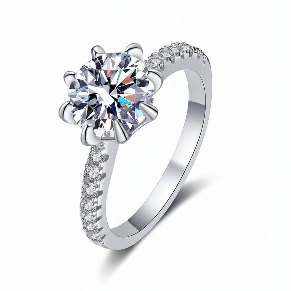 European Eight Pointed Star Design 2 Carat Moissanite Ring set in Platinum 925 Silver (GRA) Capella Jewellery