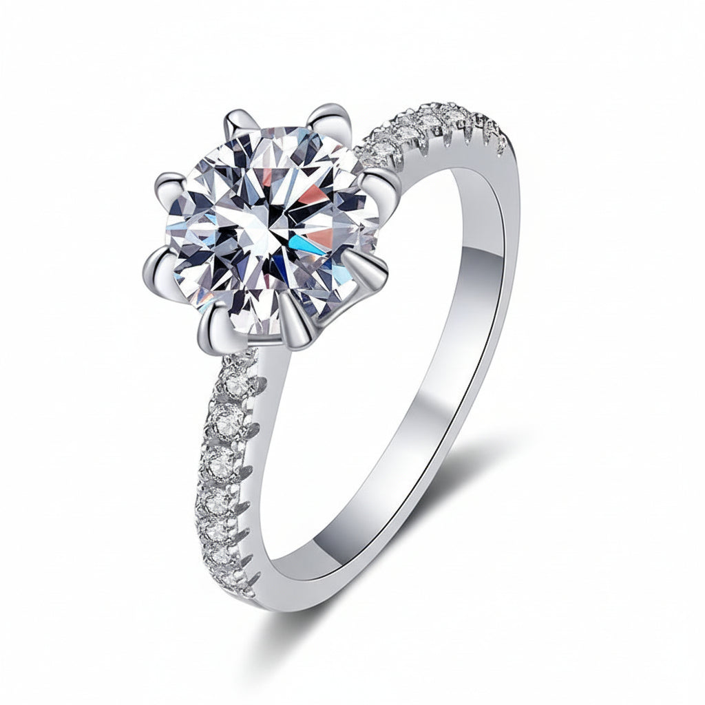 French Eight Awn Star Design 2 Carat Moissanite Diamond Ring set in Platinum 925 Silver (GRA)