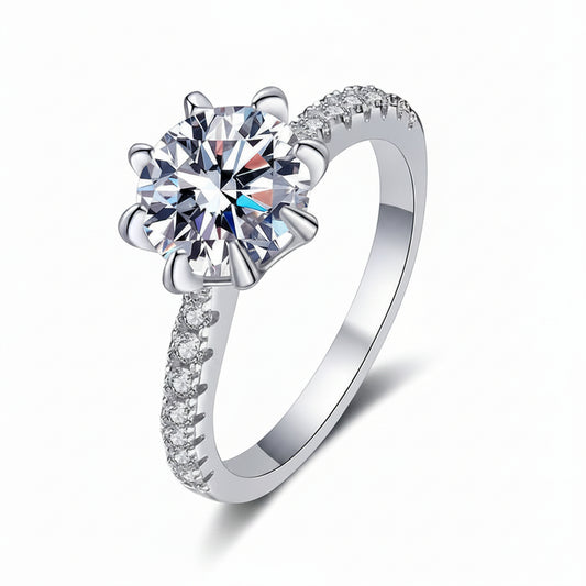 European Eight Pointed Star Design 2 Carat Moissanite Diamond Ring set in Platinum 925 Silver (GRA)