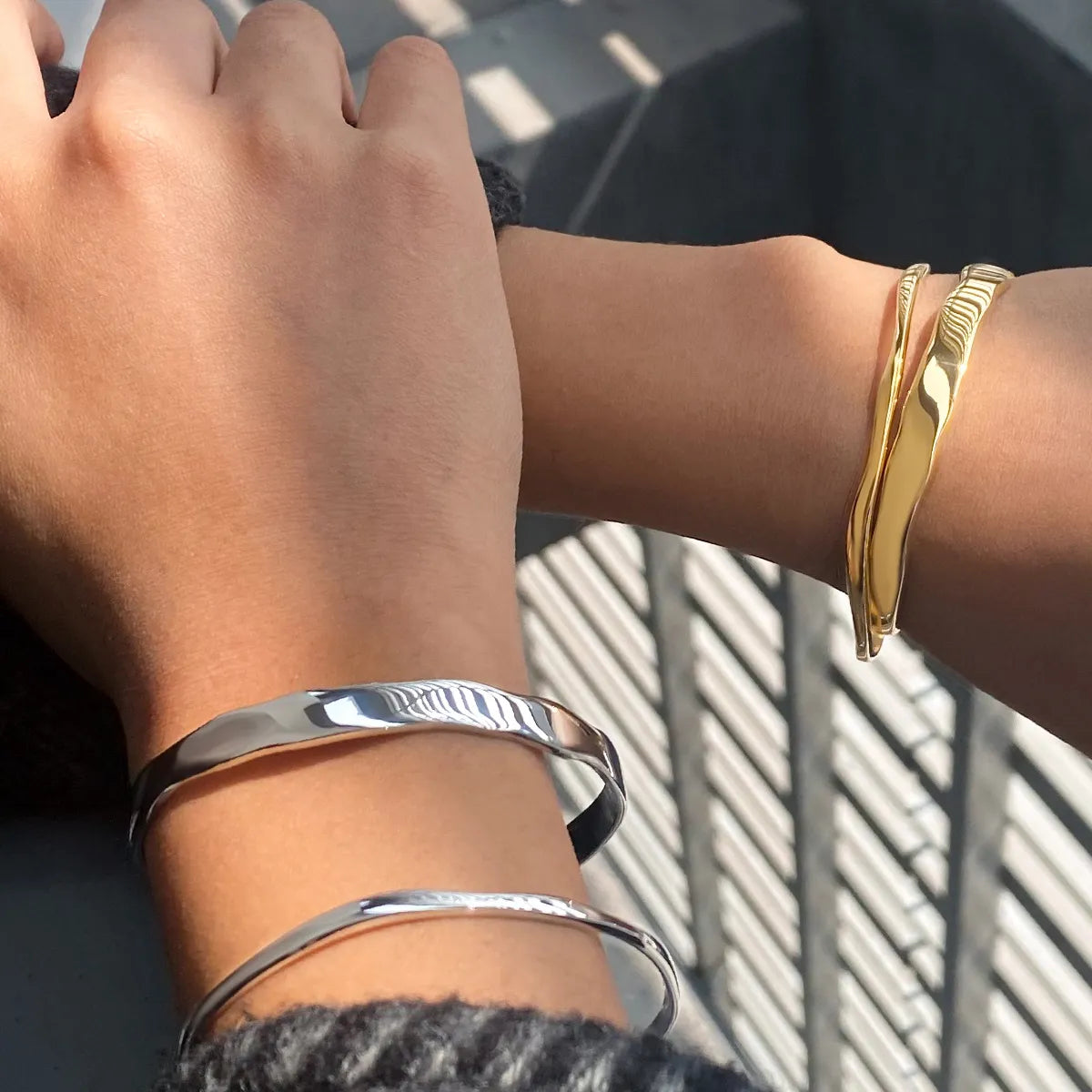 Simple French Chic Designed Twin Wave Open-Ended Bangle Bracelet set in 18K Gold Plating Capella Jewellery