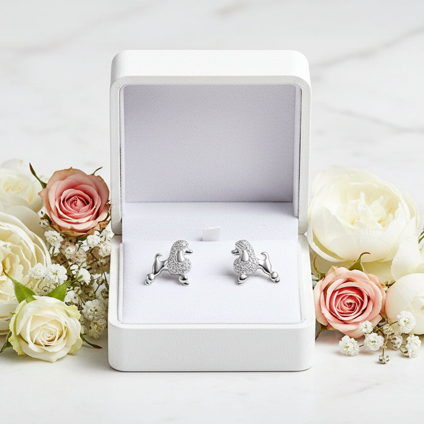 French Mini Poodle Design Micro Natural Zircon Gemstone Earrings set in Platinum 925 Silver
