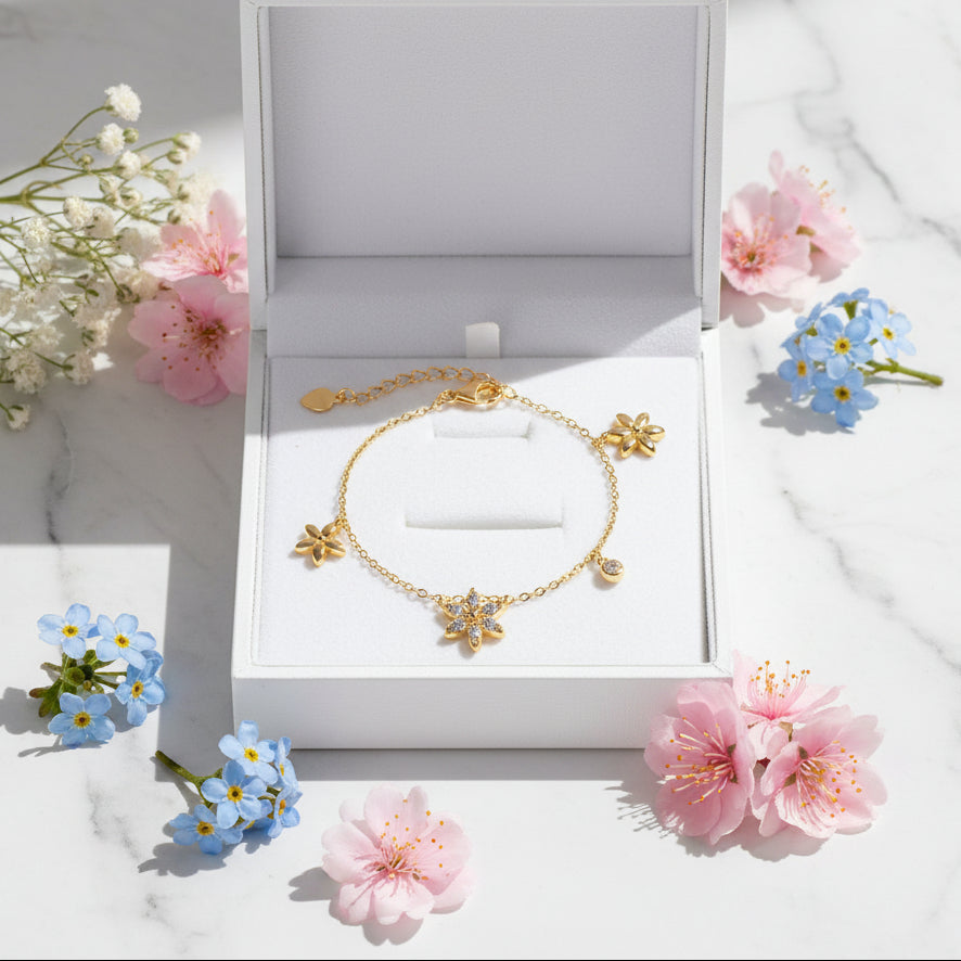 Little Summer Flower Moissanite Diamond Bracelet set in Platinum Plated 925 Silver (GRA)