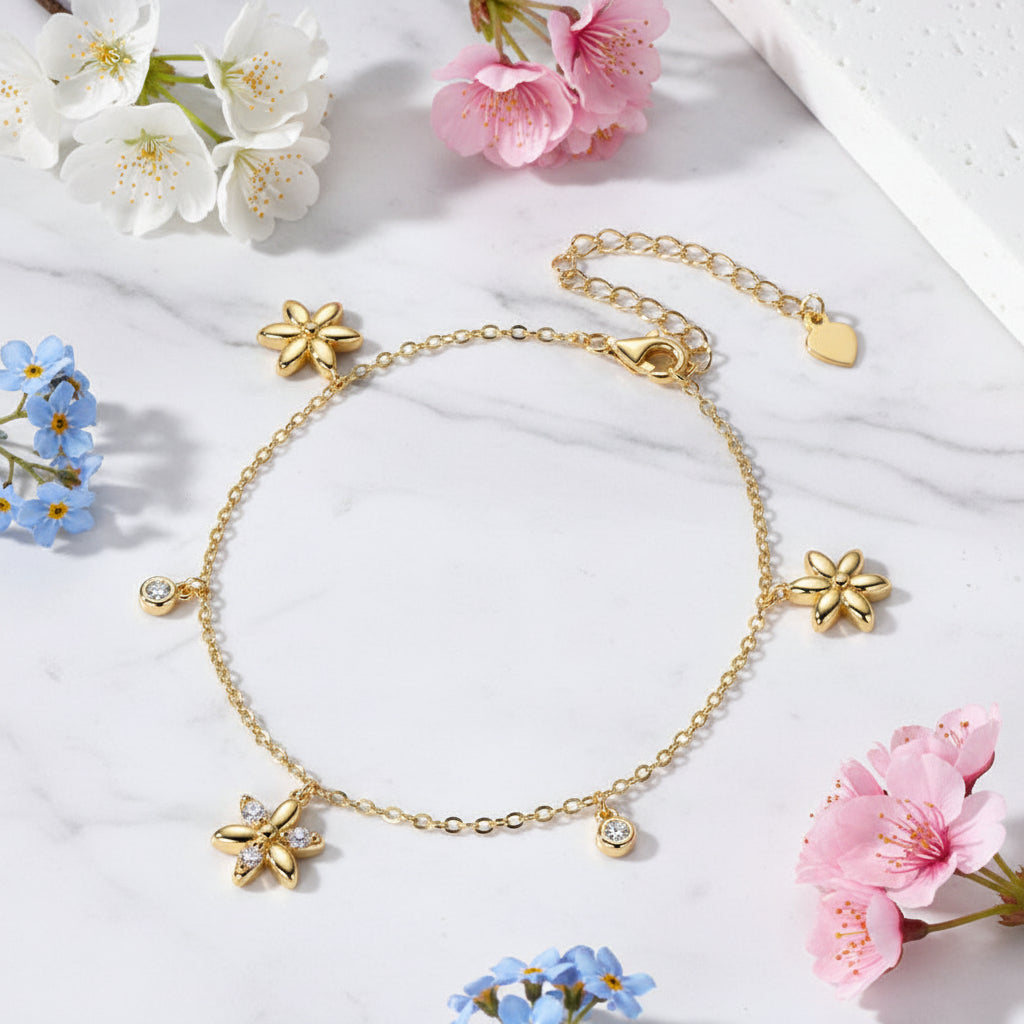 Little Summer Flower Moissanite Diamond Bracelet set in Platinum Plated 925 Silver (GRA)
