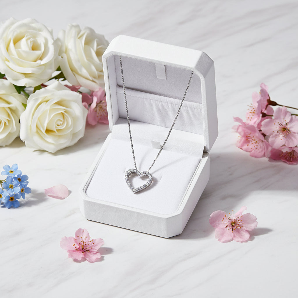Classic French design Heart Micro Inlaid Moissanite Diamond Pendant set in 925 Sterling Silver