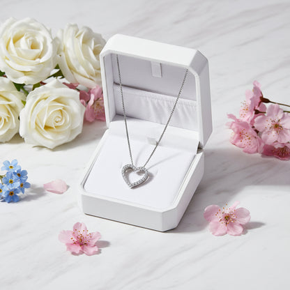 Classic French Heart Pave Inlaid Moissanite Pendant set in Platinum Plated 925 Silver Capella Jewellery