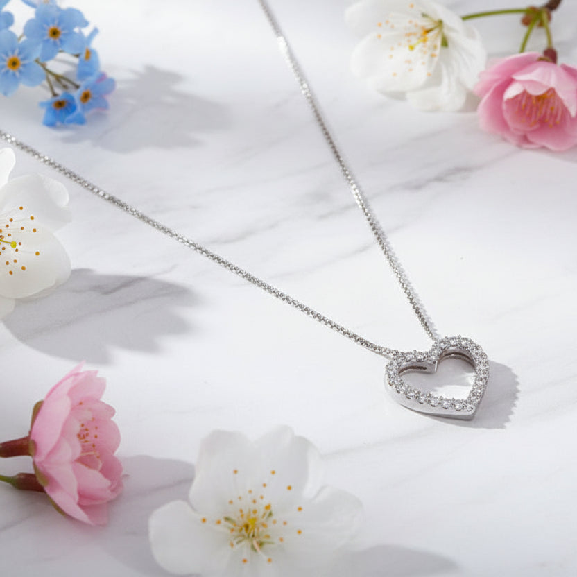 Classic French design Heart Micro Inlaid Moissanite Diamond Pendant set in 925 Sterling Silver