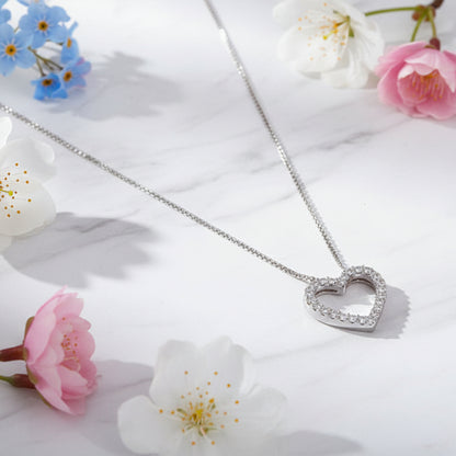 Classic French Heart Pave Inlaid Moissanite Pendant set in Platinum Plated 925 Silver Capella Jewellery