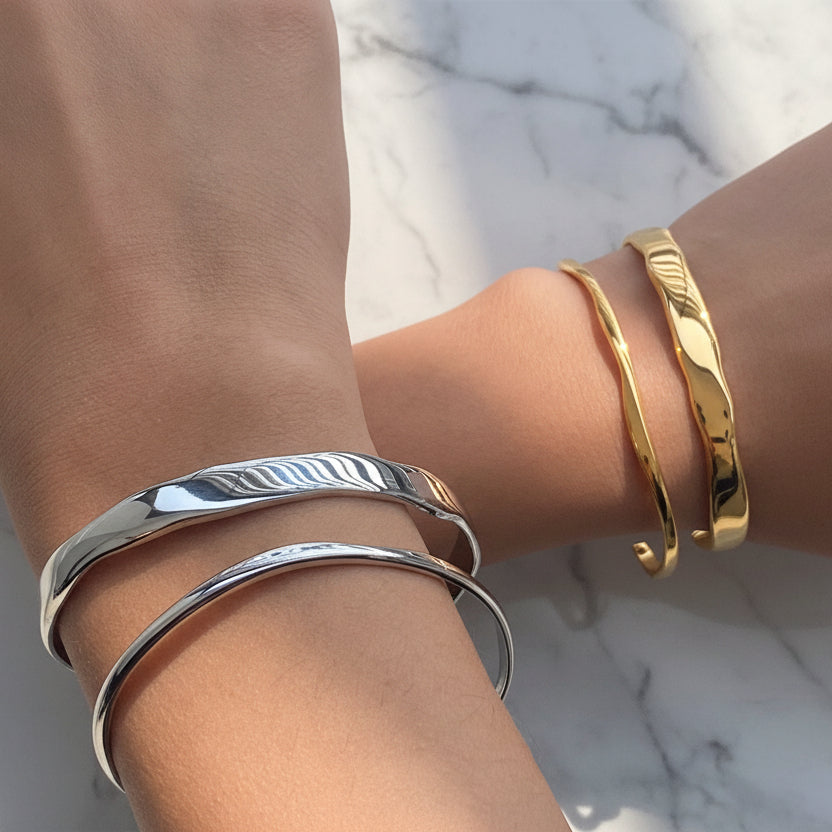 French Chic Designed Twin Wave Open-Ended Bangle Bracelet set in 18K Gold Plating