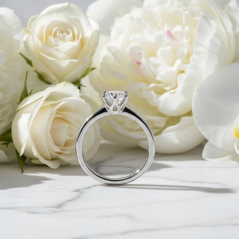 European Six Claw Engagement Ring 1 Carat Moissanite Diamond in 18K White Gold Plated 925 Silver