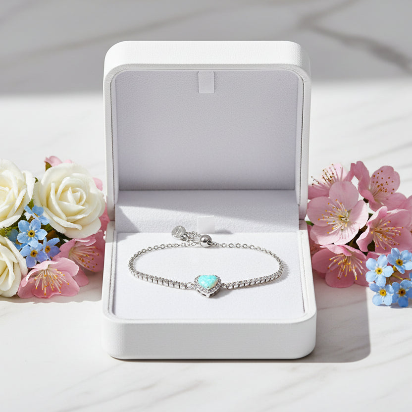Turquoise Heart Natural Zircon Gemstone Bracelet set in 18K White Gold Plated 925 Silver