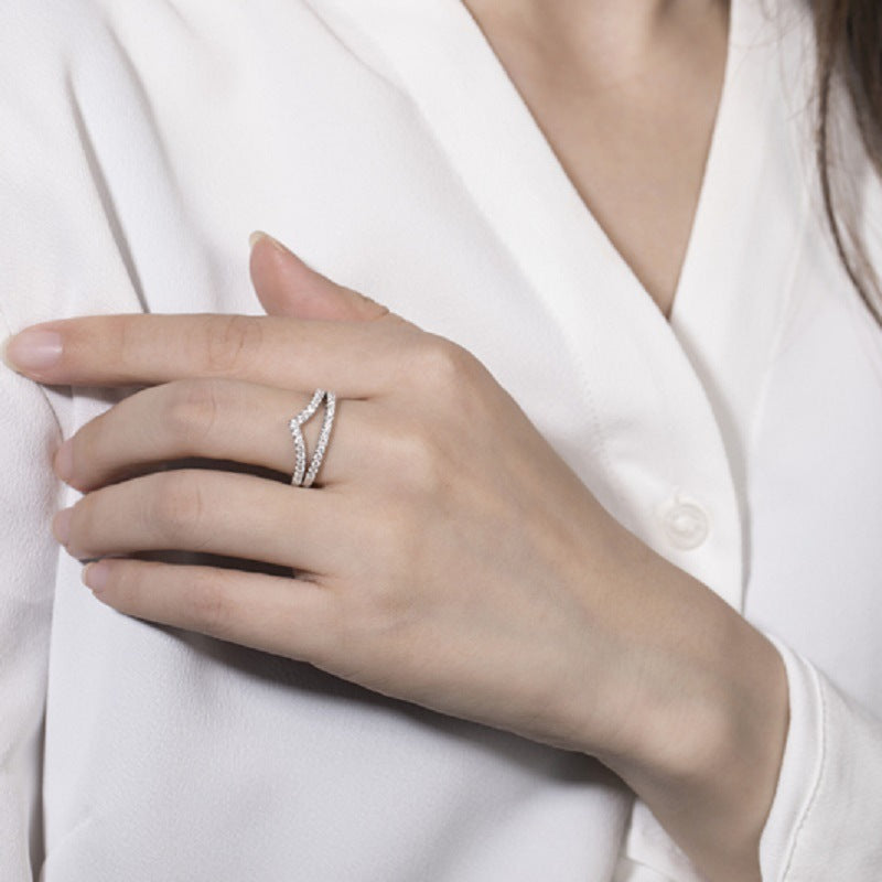 French V Row Pavé Micro Inlaid Moissanite Diamond Ring set in 18K White Gold Plated 925 Silver