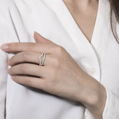 French V-Shape/Round Pavé Micro Inlay Moissanite Ring set in 18K White Gold Plated 925 Silver Capella Jewellery
