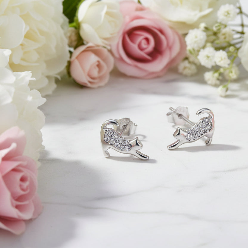 French Mini Cat Design Micro Natural Zircon Gemstone Earrings set in Platinum Plated 925 Silver