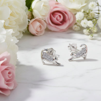 French Kitty Cat Design Micro Inlay Natural Zircon Gemstone Earrings set in Platinum Plated 925 Silver Capella Jewellery
