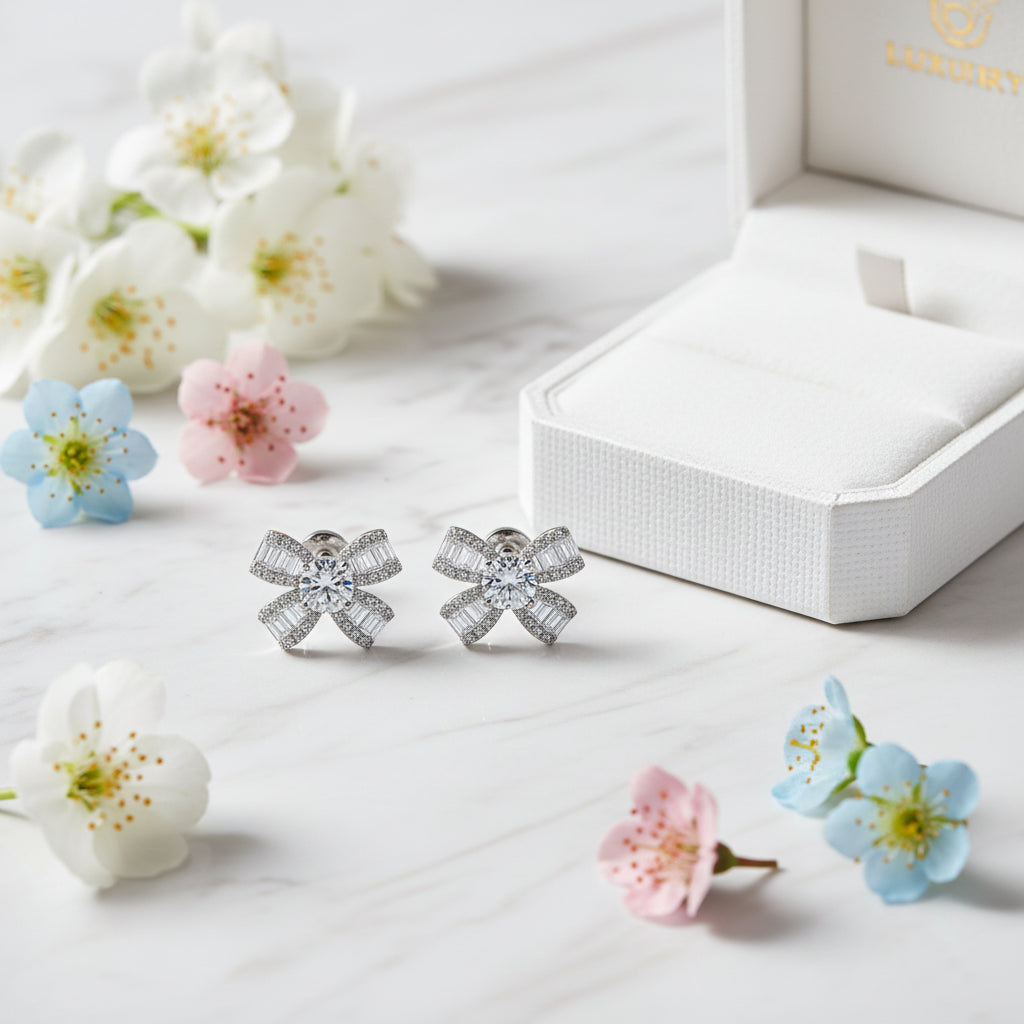 Classic French Bow Design 0.5 Carat Moissanite Diamond Earrings set in 925 Sterling Silver