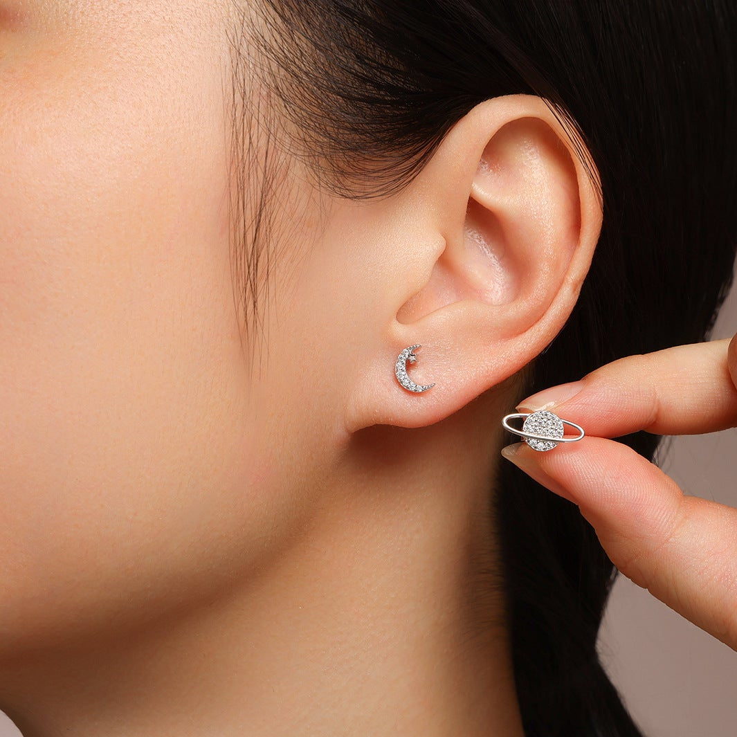 Moon & Saturn Micro Inlaid Moissanite Diamond Earrings set in 925 Sterling Silver (GRA)