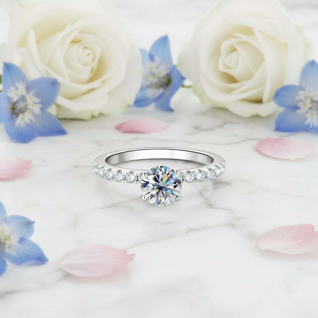 French Pavé Side Design 0.8 Carat Moissanite Diamond Ring set in 18K White Gold 925 Silver (GRA)