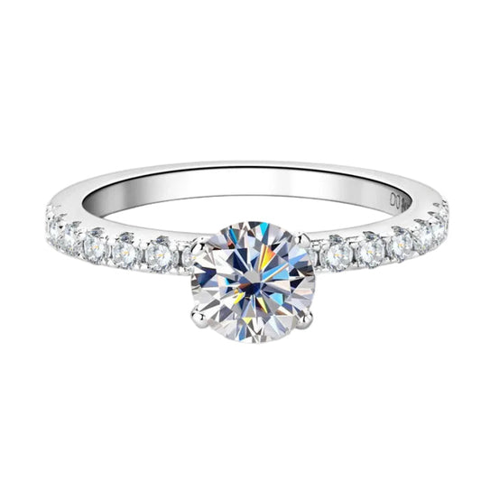 French Pavé Inlaid Sides Design Solitaire 0.8 Carat Moissanite Diamond Ring set in 18K White Gold 925 Silver (GRA)