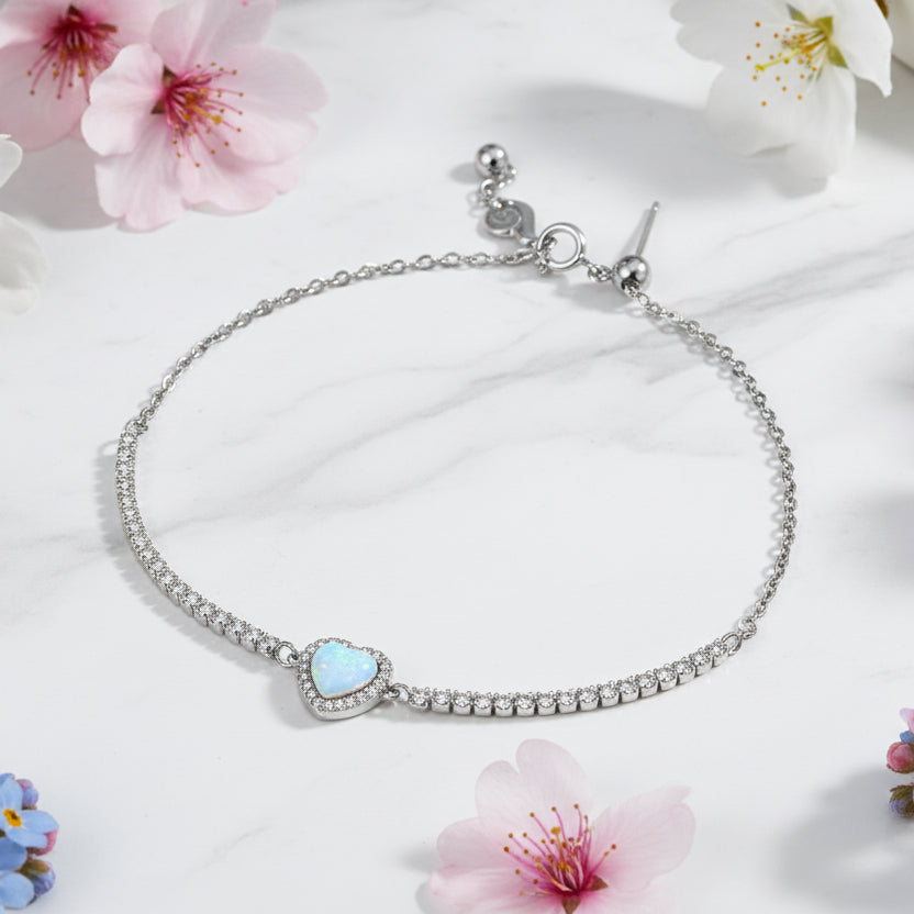 Turquoise Heart Natural Zircon Gemstone Bracelet set in 18K White Gold Plated 925 Silver