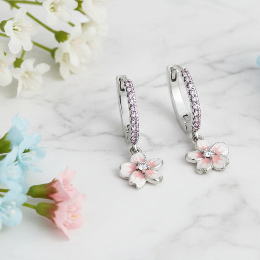 Japanese Design Sakura Cherry Blossom Natural Zircon Gemstone Earrings set in 925 Silver