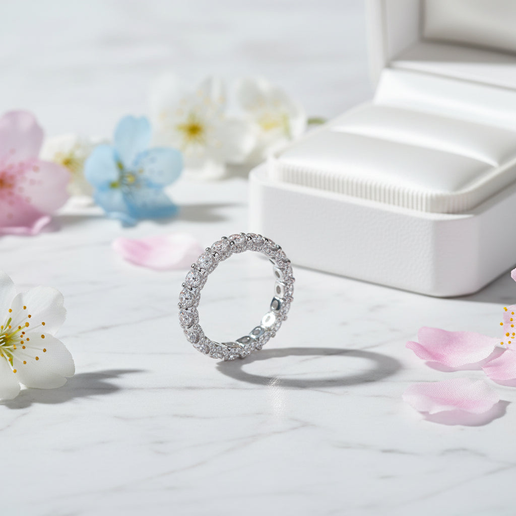 Eternity Ring Full Inlaid 2.1 Carat Moissanite Diamond set in 18K White Gold Plated 925 Silver (GRA)