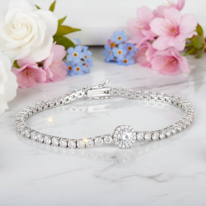 French Tennis Bracelet set in Full Pave (3mm) Natural Zircon Gemstones 18K White Gold Plating Capella Jewellery