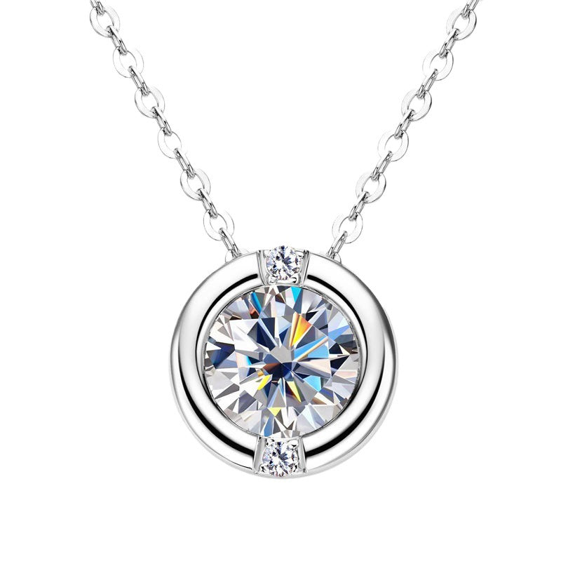 European Round 1 Carat Moissanite Diamond Pendant set in 18K White Gold Plated 925 Silver (GRA)