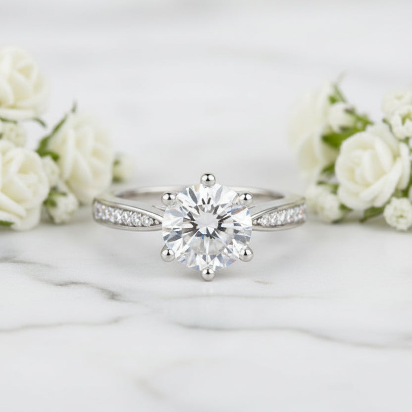 European Engagement Ring Design 3 Carat Moissanite Diamond set in Platinum Plated 925 Silver (GRA)