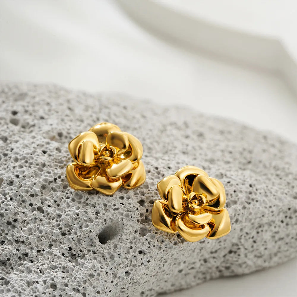 Italian InspiredCamellia Flower Retro Design Stud Earrings set in 18K Gold Plated Capella Jewellery